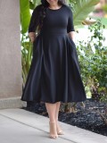 SC Plus Size 3/4 Sleeve Solid Color Midi Dress GAWE-6309