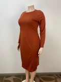 SC Plus Size Long Sleeve Solid Color Midi Dress GAWE-6299