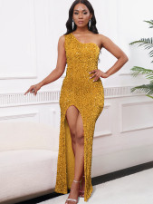 SC Slant Shoulder Split Sequin Gowns Long Dress GMLF-3288