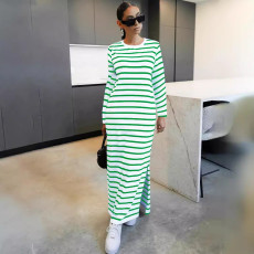 SC Stripe Print Long Sleeve Split Maxi Dress SFY-515