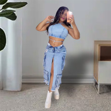 SC Fashion Multi-pockets Holes Split Denim Long Skirt OD-8696