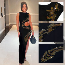 SC Hollow Out Snake Hot Drill Split Maxi Dress NY-3217