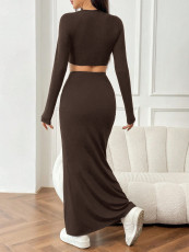 SC Solid Color Long Sleeve Top Fishtail Long Skirt Suit GXYF-H0413