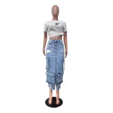 SC Fashion Multi-pockets Holes Split Denim Long Skirt OD-8696
