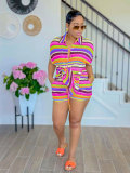 SC Striped Print Lapel Casual Shorts Set SSNF-211459