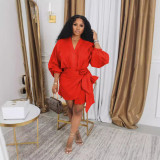 SC Solid Color Lantern Sleeve Tie Up Mini Dress HNIF-2415