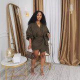 SC Solid Color Lantern Sleeve Tie Up Mini Dress HNIF-2415