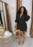 SC Solid Color Lantern Sleeve Tie Up Mini Dress HNIF-2415