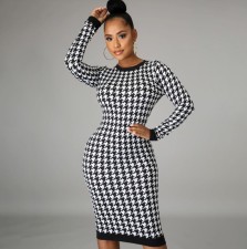SC Long Sleeve Hollow Out Houndstooth Print Dress HNIF-208