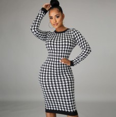SC Long Sleeve Hollow Out Houndstooth Print Dress HNIF-208