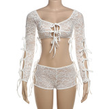SC Sexy Tie Up Long Sleeve Crop Top Shorts Set XEF-51392