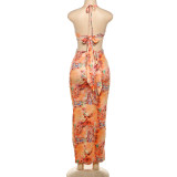 SC Backless Tie Up Halter Print Maxi Dress XEF-50915