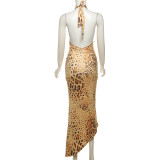 Backless Hang Neck Leopard Print Dress XEF-50444