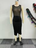 SC Mesh Patchwork Sleeveless Split Midi Dress NY-10861