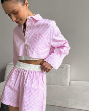 SC Fashion Stripe Long Sleeve Shorts Two Piece Set SSNF-211466