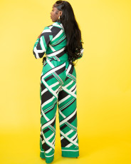 SC Casual Print Long Sleeve Lapel Loose Jumpsuit SFY-2783