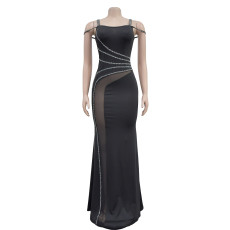 SC Hot Drill Sling Mesh Print Maxi Dress BY-7027