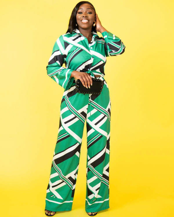 SC Casual Print Long Sleeve Lapel Loose Jumpsuit SFY-2783