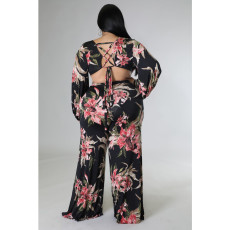 SC Plus Size Print Tie Up Wide Leg Jumpsuit ASL-7092