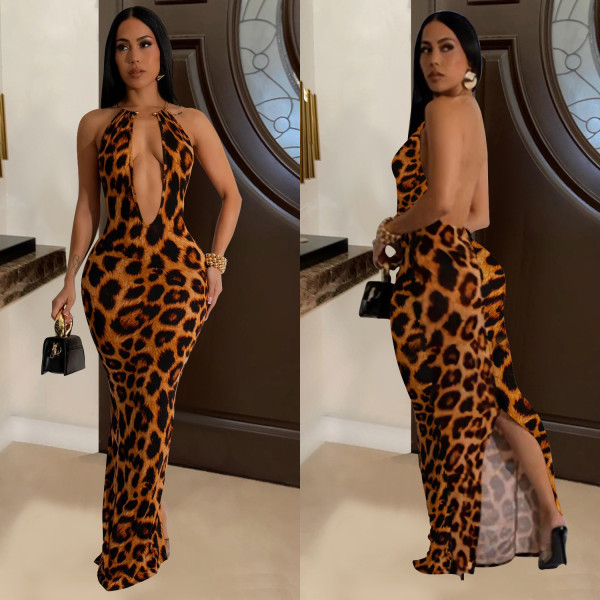 SC Leopard Print Sleeveless Backless Maxi Dress BY-6982