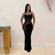 SC Hot Drill Sling Mesh Print Maxi Dress BY-7027