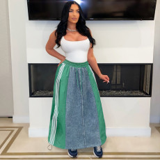 SC Striped Loose Denim Color Block Half Body Skirt ZSD-0697
