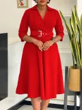 SC Solid Color 3/4 Sleeve Lapel Midi Dress GMLF-3290
