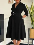 SC Solid Color 3/4 Sleeve Lapel Midi Dress GMLF-3290