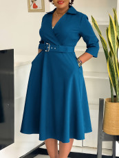 SC Solid Color 3/4 Sleeve Lapel Midi Dress GMLF-3290