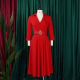SC Solid Color 3/4 Sleeve Lapel Midi Dress GMLF-3290