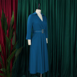 SC Solid Color 3/4 Sleeve Lapel Midi Dress GMLF-3290