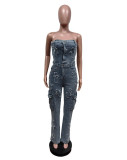 SC Wrap Chest Embroidered Denim Jumpsuit MEM-88590