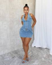SC Fashion Halter Zipper Backless Denim Romper MEM-88592