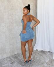 SC Fashion Halter Zipper Backless Denim Romper MEM-88592