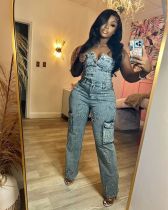 SC Wrap Chest Embroidered Denim Jumpsuit MEM-88590