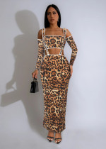 SC Leopard Print Long Sleeve Sling Two Piece Pants Set MZ-2863