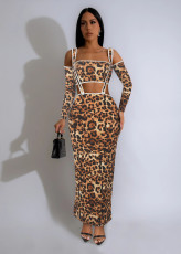 SC Leopard Print Long Sleeve Sling Two Piece Pants Set MZ-2863