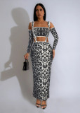 SC Leopard Print Long Sleeve Sling Two Piece Pants Set MZ-2863