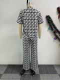 SC Print V Neck Wide Leg Pants Two Piece Set NY-10870
