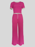 SC Ribbed Contrast Color Short Sleeve Pants 2 Piece Set MIL-033