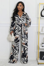 SC Long Sleeve V Neck Tie Up Print Jumpsuit XHXF-8703