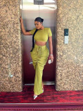 SC Short Sleeve Solid Crop Top Drawstring Long Skirt 2 Piece Set GADE-8302