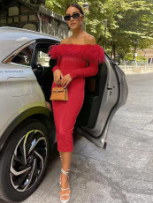 SC Bustless One-shoulder Feather Long Dress GADE-2934