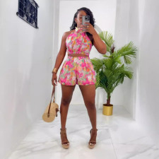 SC Print Sleeveless Hang Neck Two Piece Shorts Set NY-10872