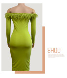SC Bustless One-shoulder Feather Long Dress GADE-2934