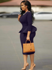 SC Solid Color Round Neck Ruffle Midi Dress MIL-T048