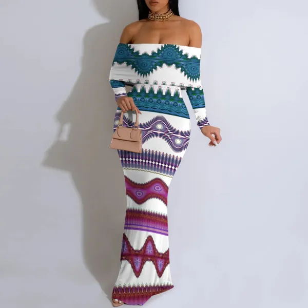 SC Sexy Print Off Shoulder Long Sleeve Maxi Dress YMT-J6459