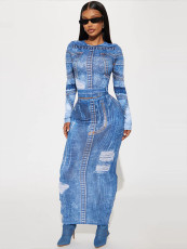 SC Denim Print Long Sleeve Two Piece Skirts Set GADE-5945