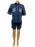 SC Lapel Color Contrast Button Shirt Denim Shorts Suit GADE-6383