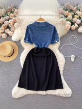 SC Contrast Color Patchwork Denim Midi Dress GADE-9826